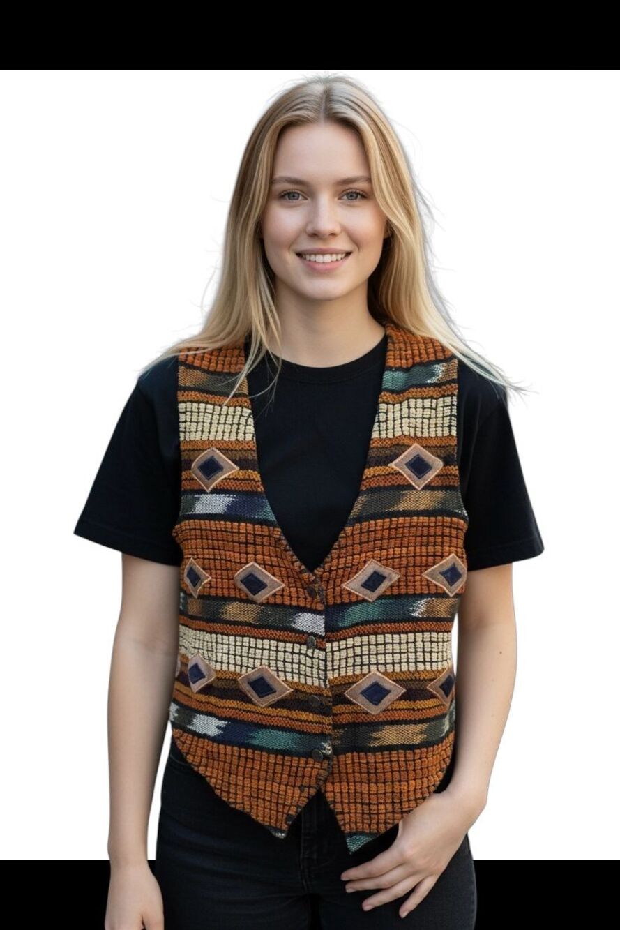 Vintage Jane Ashley Vest Womans Large Orange Patchwork Western Southwest Cowboy